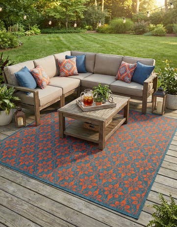 Blue and Red Easy-Clean Lattice Indoor / Outdoor Square Rug