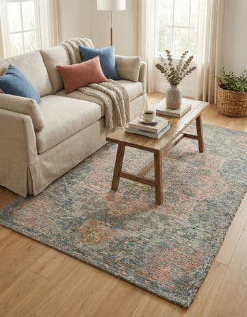 Blue and Peach Hand Woven Chenille Jute Rug