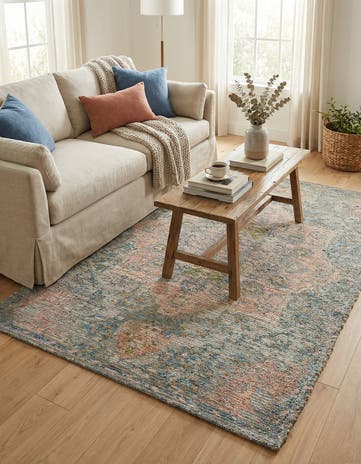Blue and Peach Hand Woven Chenille Jute Rug