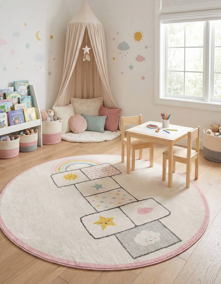 Detail image of 7' 10 x 7' 10 Hopscotch Whimsy Kids Round Rug