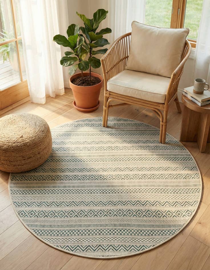 Detail image of 4' x 4'  Washable Striped Indoor / Outdoor Round Rug