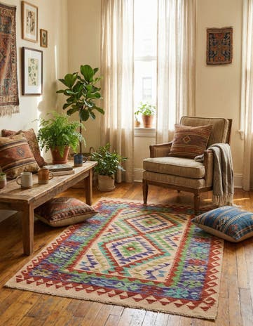 3' 4 x 4' 11 Hand Woven Kilim Maymana Wool Rug