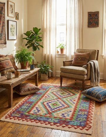 3' 4 x 4' 11 Hand Woven Kilim Maymana Wool Rug