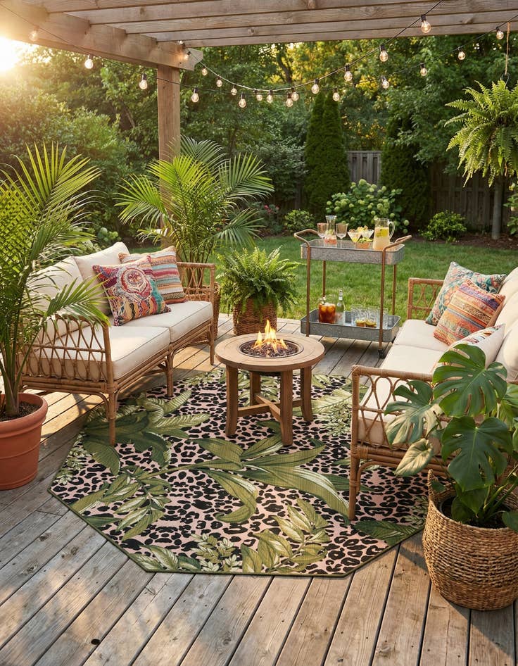 Detail image of 7' 10 x 7' 10  Washable Botanical Indoor / Outdoor Octagon Rug