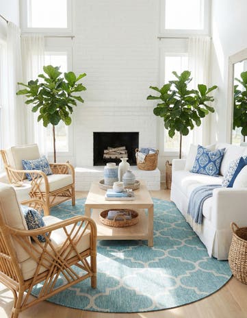 Aquamarine Easy-Clean Lattice Indoor / Outdoor Oval Rug