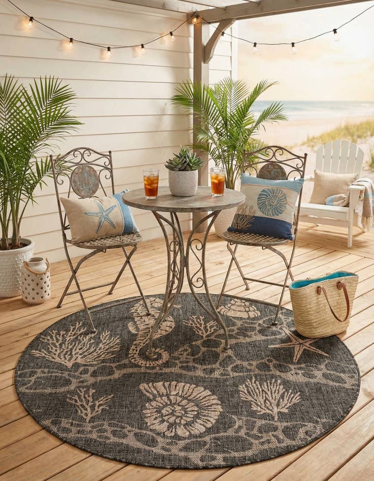 Detail image of 5' 3 x 5' 3  Washable Coastal Indoor / Outdoor Round Rug