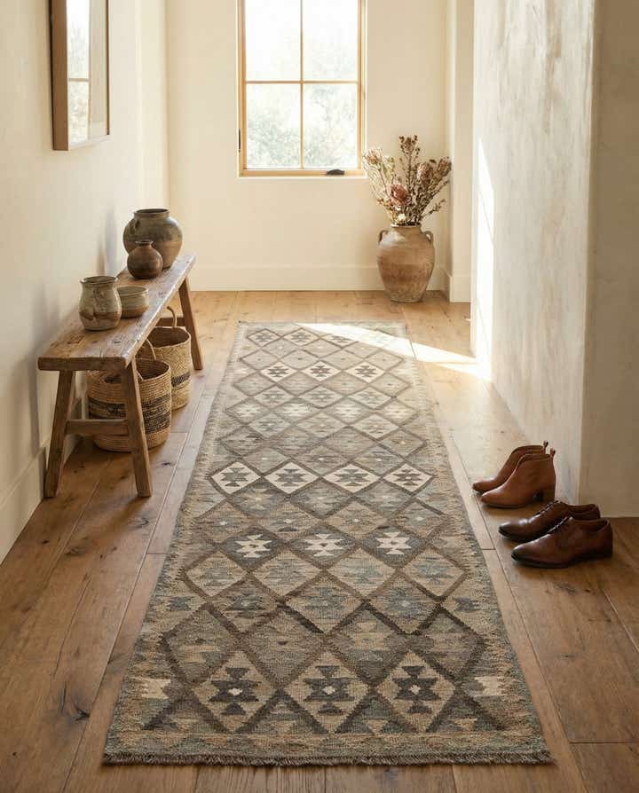 2' 9 x 9' 10 Hand Woven Kilim Maymana Wool Runner Rug