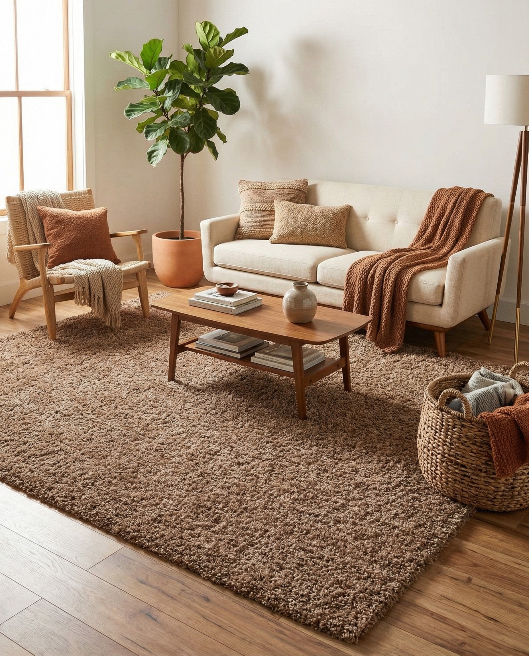 A soft, rectangular 8x10 brown shag rug, perfect for adding warmth and texture to a modern living room.
