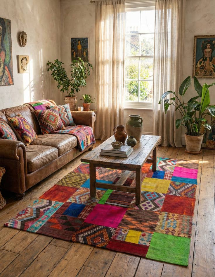 Detail image of  5' 7 x 7' 6  Hand Woven Kilim Patchwork Wool Rug