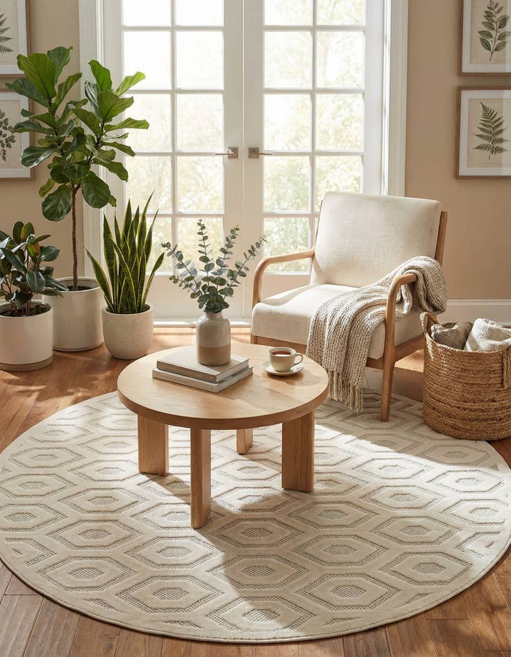 Detail image of 7' x 7'  Washable Trellis Textured Indoor / Outdoor Round Rug