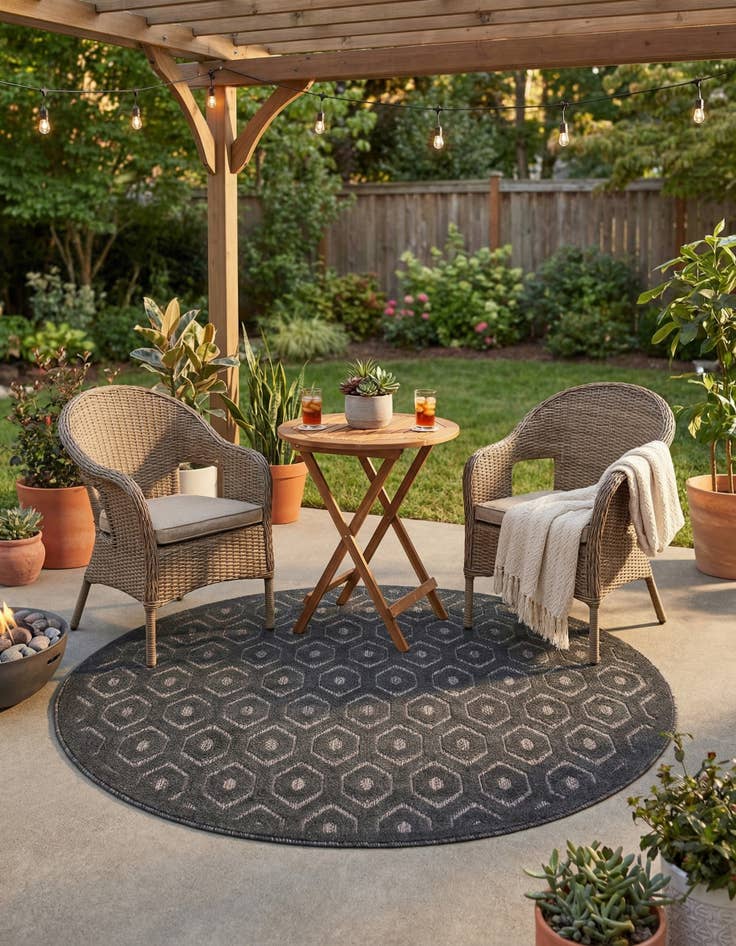Detail image of 5' 3 x 5' 3  Washable Trellis Textured Indoor / Outdoor Round Rug