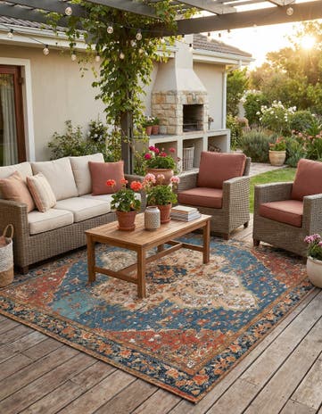 Navy Blue and Rust Red Easy-Clean Traditional Indoor / Outdoor Square Rug
