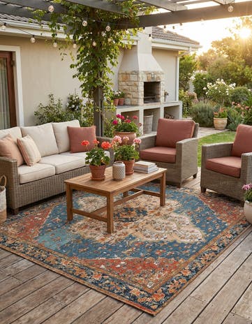 Navy Blue and Rust Red Easy-Clean Traditional Indoor / Outdoor Square Rug
