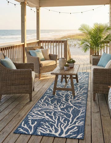Blue Easy-Clean Coastal Indoor / Outdoor Runner Rug