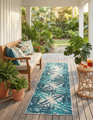 Teal blue Easy-Clean Botanical Indoor / Outdoor Runner Rug