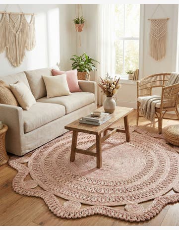 Pink and White Handmade Braided Jute Round Rug