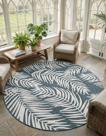 Teal Easy-Clean Botanical Indoor / Outdoor Round Rug