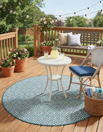 Teal Easy-Clean Lattice Indoor / Outdoor Round Rug