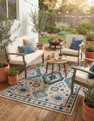 Beige and Blue Easy-Clean Baja Indoor / Outdoor Rug