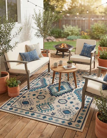 Beige and Blue Easy-Clean Baja Indoor / Outdoor Rug