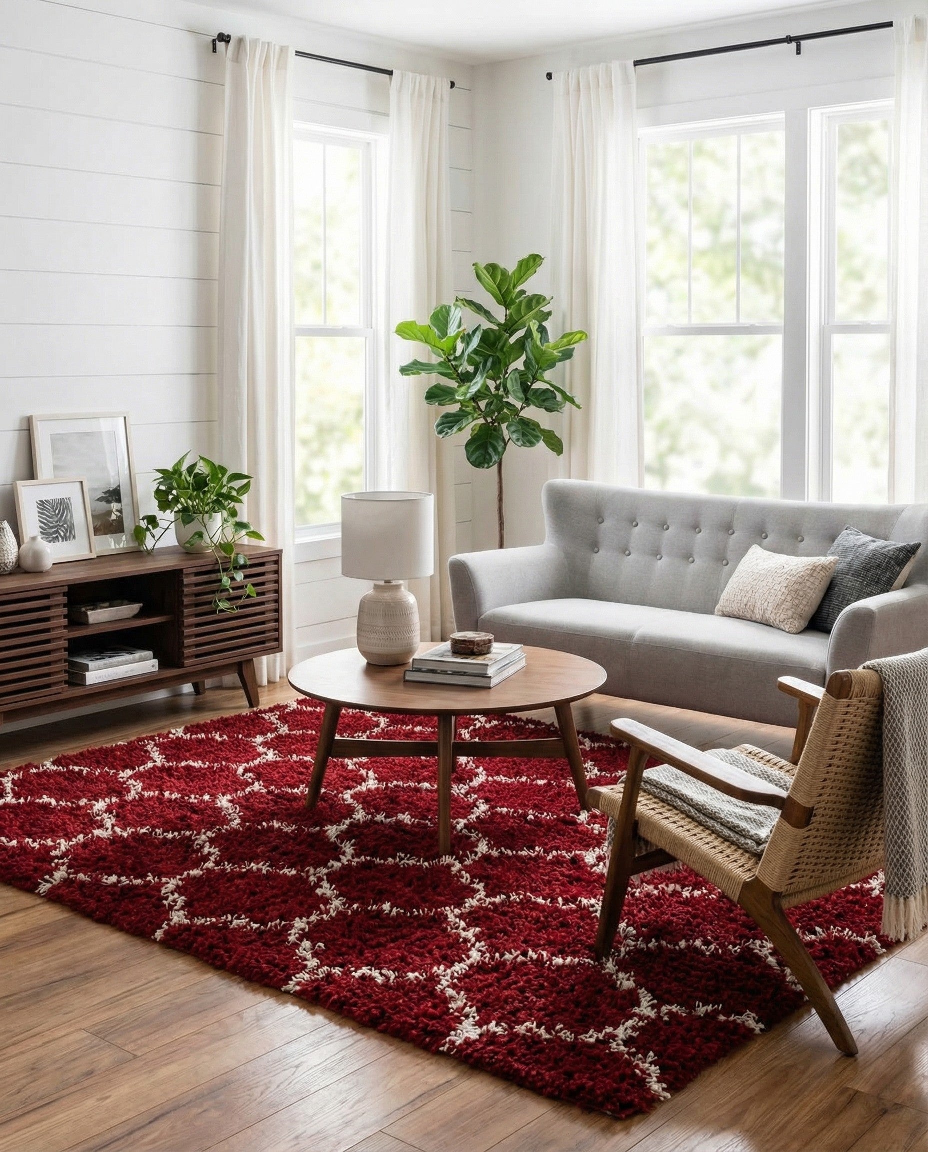 A vibrant red 7' 10 x 7' 10 square shag rug with a white modern lattice pattern, featuring a textured high/low pile.
