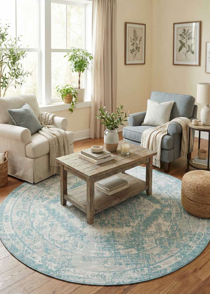 7' 10 x 7' 10 Easy-Clean Traditional Indoor / Outdoor Round Rug
