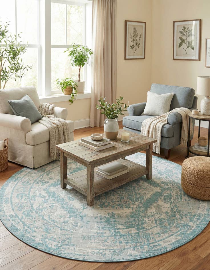 Detail image of 7' 10 x 7' 10 Easy-Clean Traditional Indoor / Outdoor Round Rug