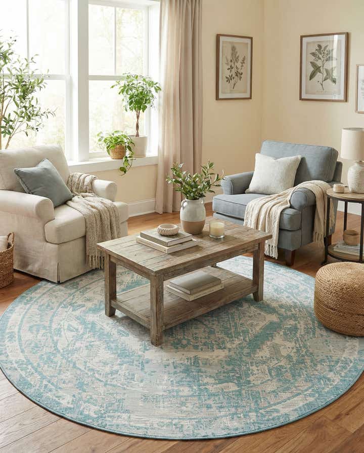 7' 10 x 7' 10 Easy-Clean Traditional Indoor / Outdoor Round Rug