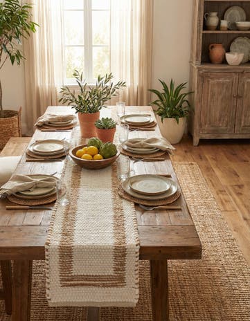 White and Natural Hand Woven Chindi Jute Table Runner Rug