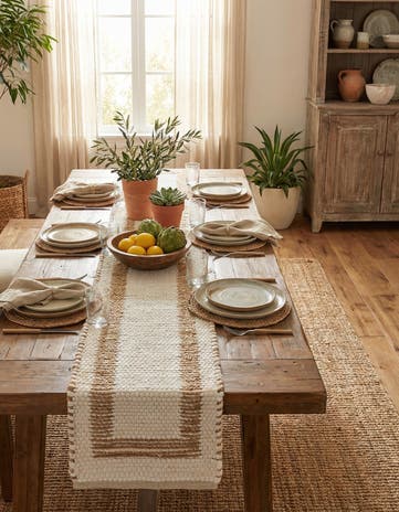 White and Natural Hand Woven Chindi Jute Table Runner Rug