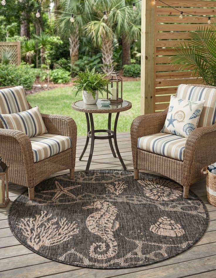 Detail image of 3' x 3'  Washable Coastal Indoor / Outdoor Round Rug