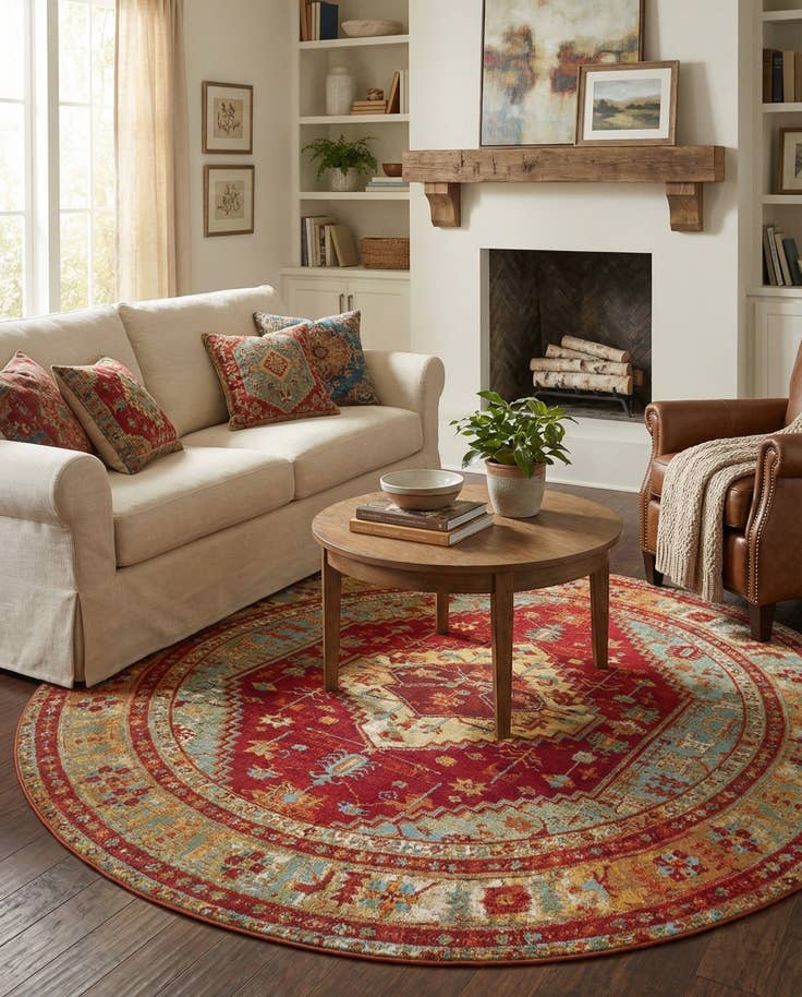 Detail image of 7' 10 x 7' 10 Easy-Clean Traditional Indoor / Outdoor Round Rug