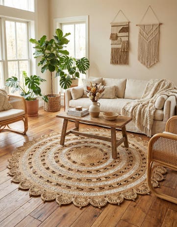 Natural and White Handmade Braided Jute Round Rug