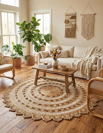 Natural and White Handmade Braided Jute Round Rug