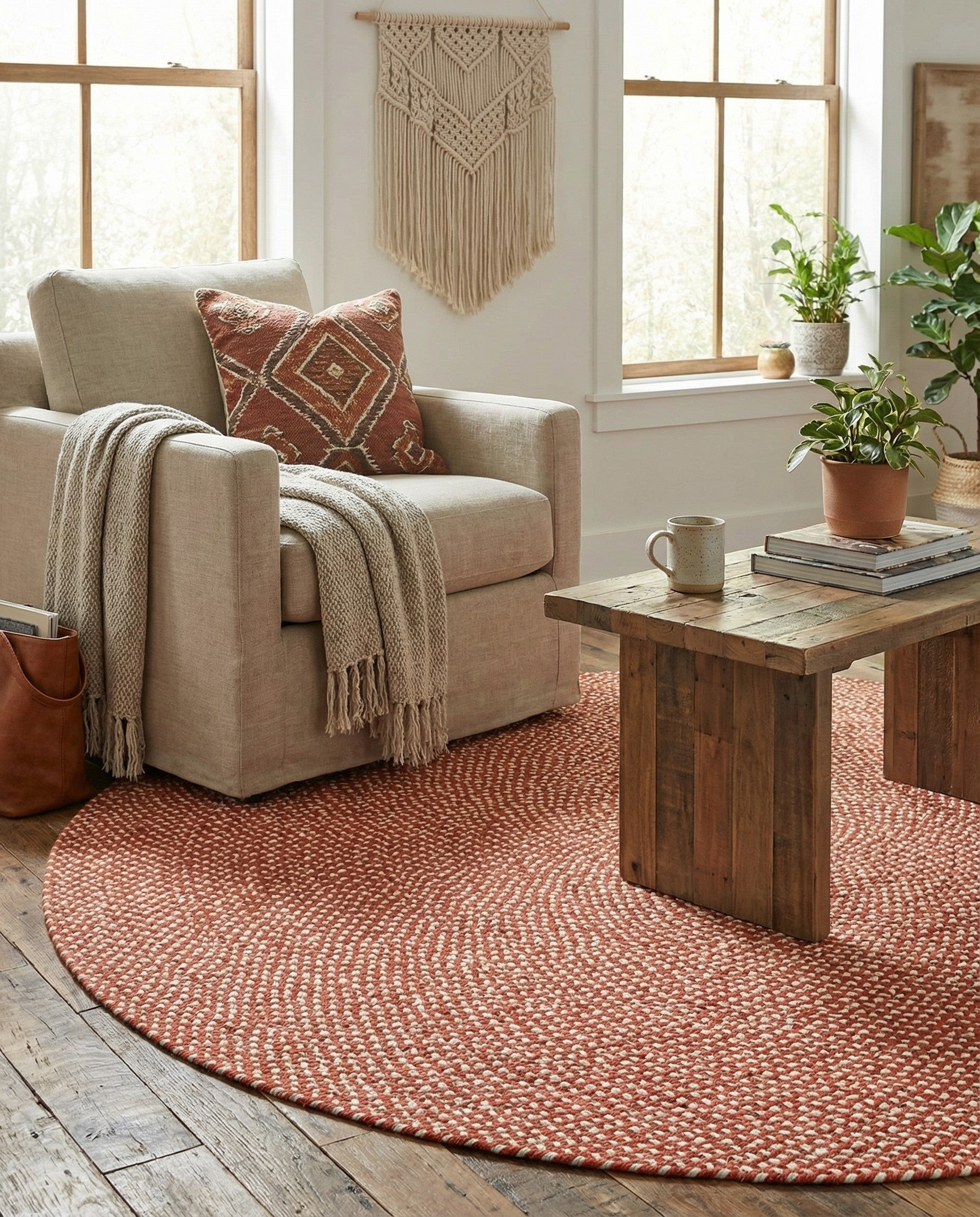 A 6' 1" round braided jute rug in shades of orange and red, featuring a modern, textured design.