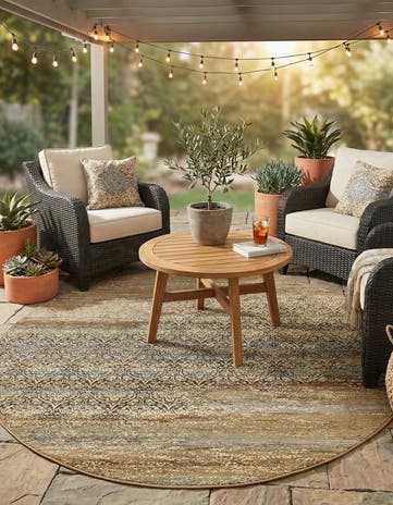 Beige Easy-Clean Botanical Indoor / Outdoor Round Rug