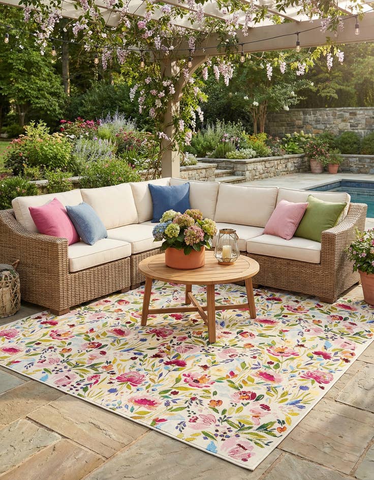 Detail image of 10' x 10'  Washable Botanical Indoor / Outdoor Square Rug