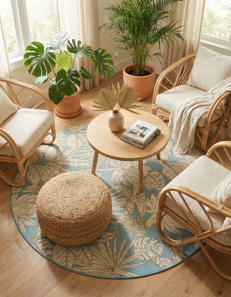 Detail image of 7' 10 x 7' 10 Easy-Clean Botanical Indoor / Outdoor Round Rug
