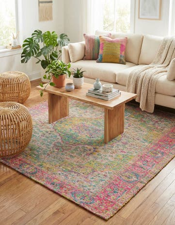 Ivory Pink Hand Woven Chenille Jute Square Rug