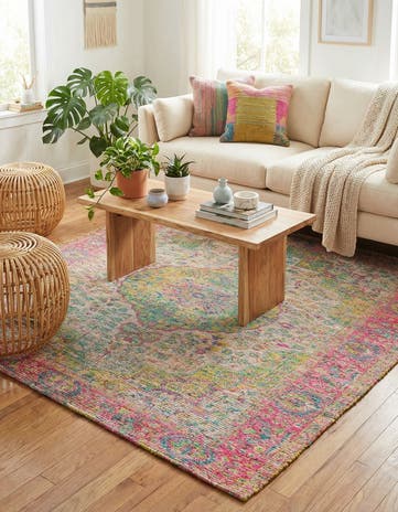 Ivory Pink Hand Woven Chenille Jute Square Rug