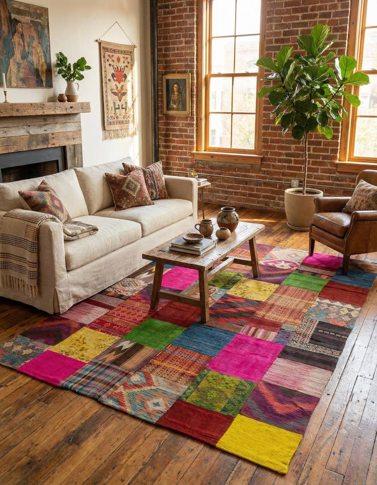 Detail image of  6' 8 x 9' 6  Hand Woven Kilim Patchwork Wool Rug