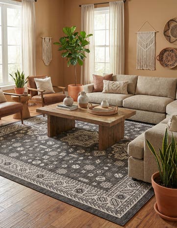 Charcoal Gray Easy-Clean Aztec Indoor / Outdoor Square Rug