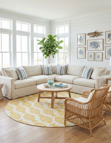 Yellow Easy-Clean Coastal Indoor / Outdoor Round Rug