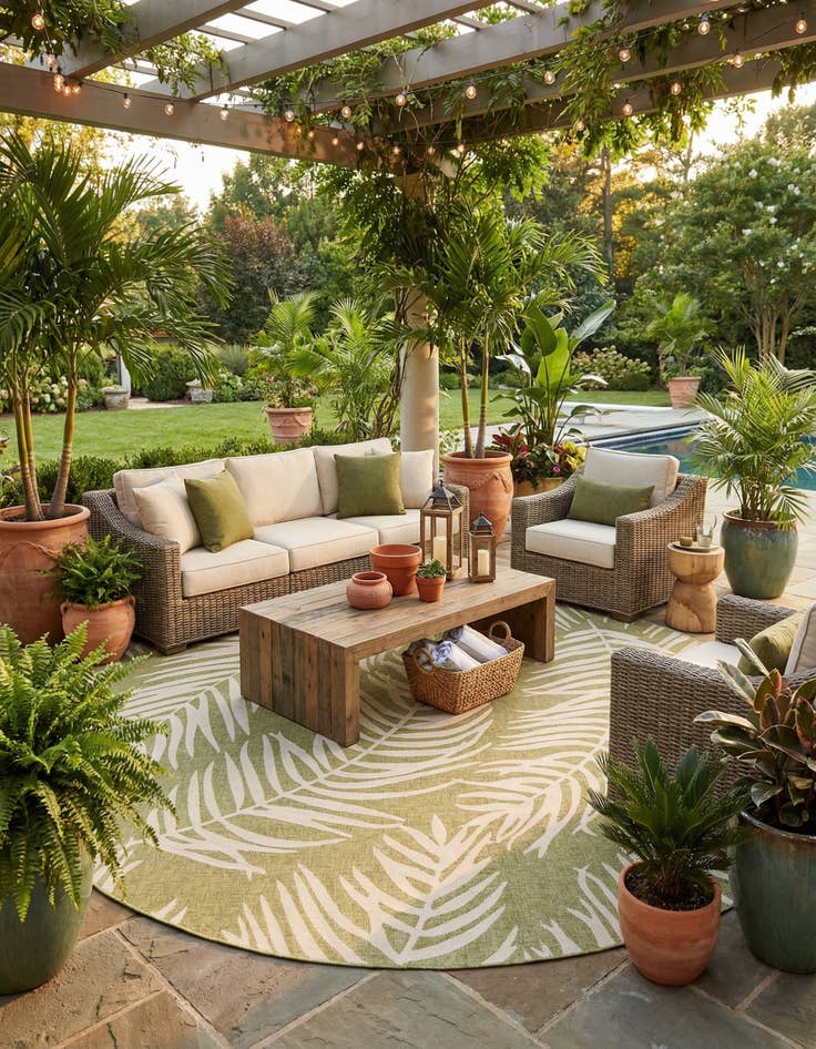 Detail image of  13' x 13'  Washable Botanical Indoor / Outdoor Round Rug