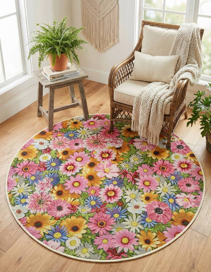 Detail image of  4' x 4'  Washable Botanical Indoor / Outdoor Round Rug
