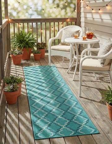 Teal Easy-Clean Lattice Indoor / Outdoor Runner Rug