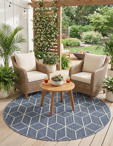 Navy Blue Easy-Clean Lattice Indoor / Outdoor Round Rug