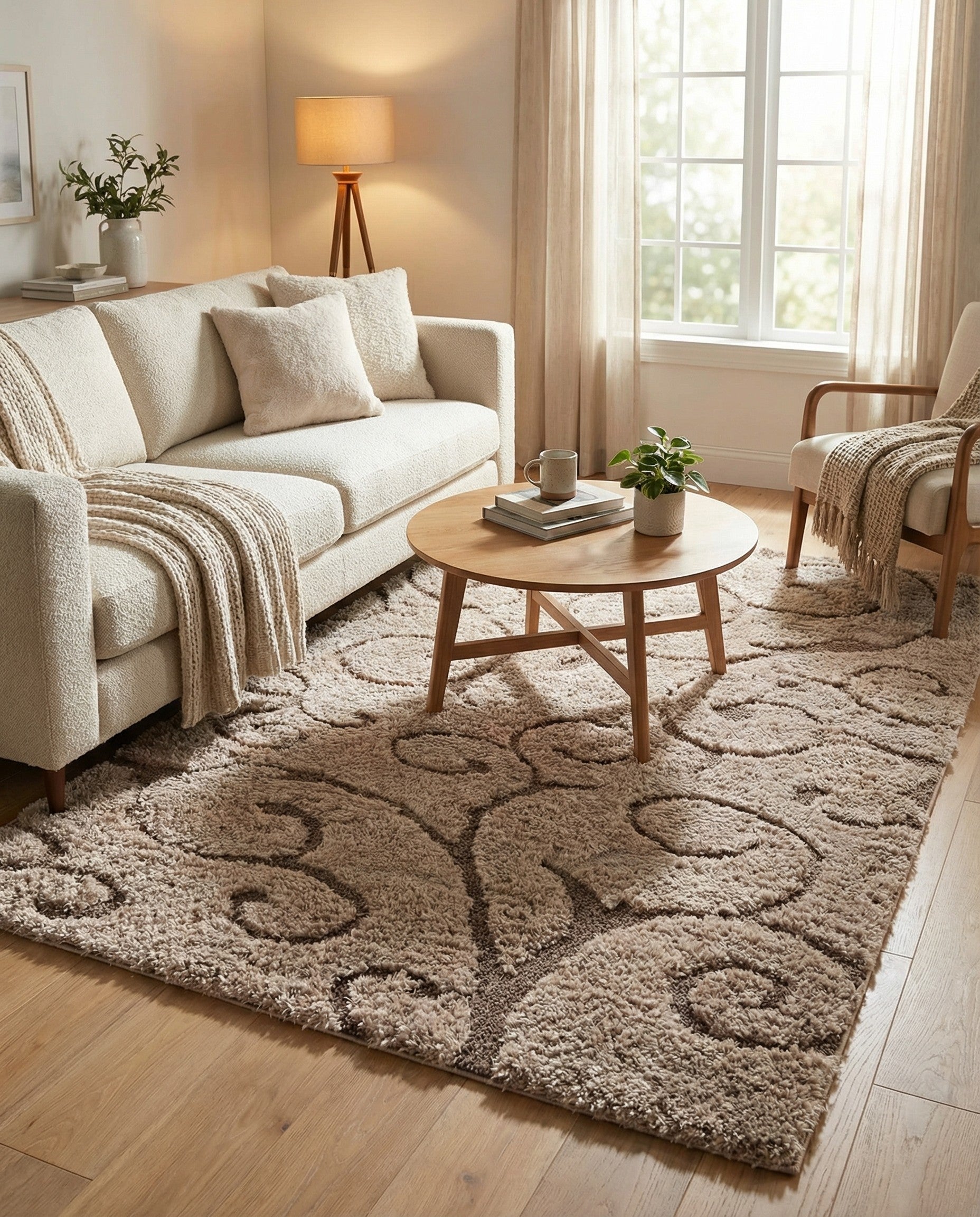 A 4x6 rectangular brown and tan rug with a high-low textured pile and a contemporary scroll pattern, ideal for a living room.