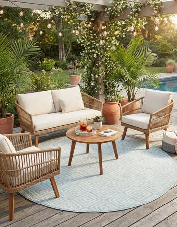 Light Blue Easy-Clean Sabrina Soto Indoor / Outdoor Round Rug