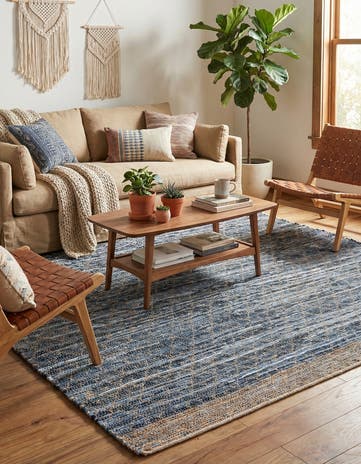 Denim blue Hand Woven Chindi Trellis Square Rug